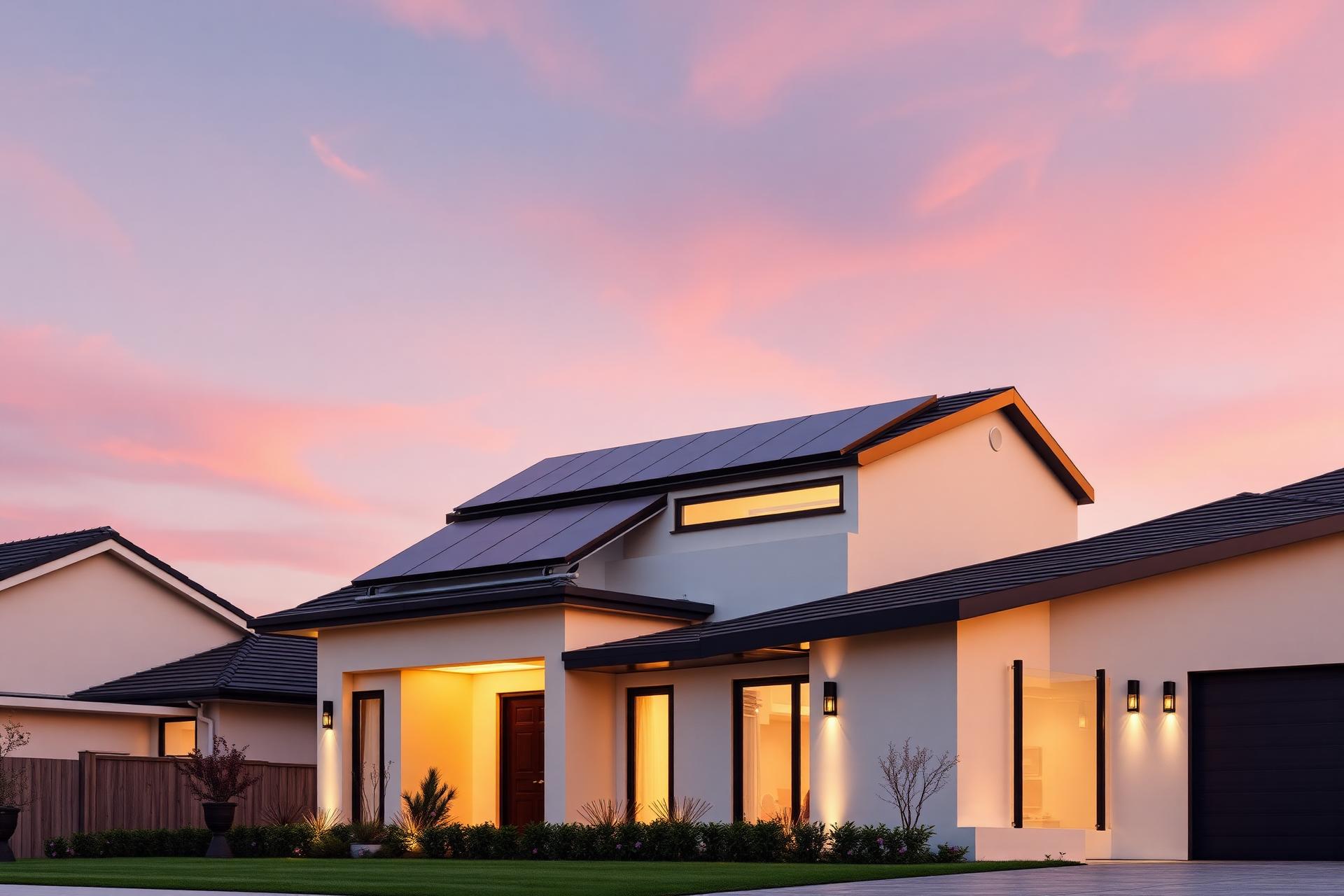 Modern home with solar panels at sunset